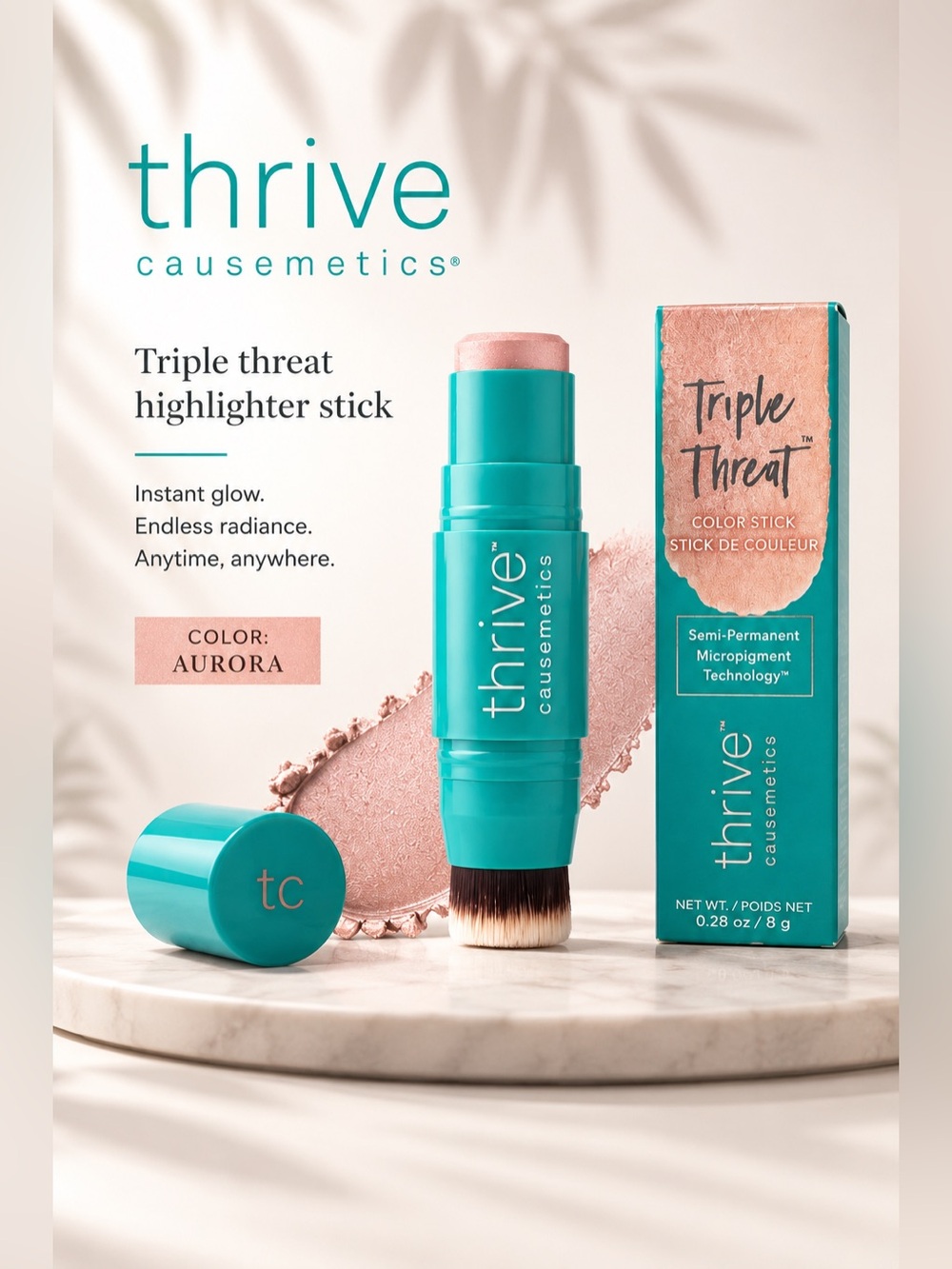 Thrive Causemetics Triple Threat Highlighter Stick — Aurora Pink NEW